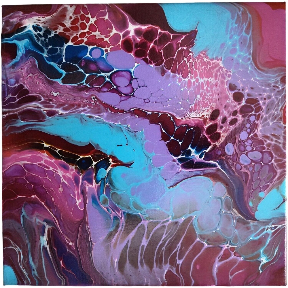 Original Abstract Acrylic Fluid Art Painting 12" Signed Canvas Modern Lacing ART